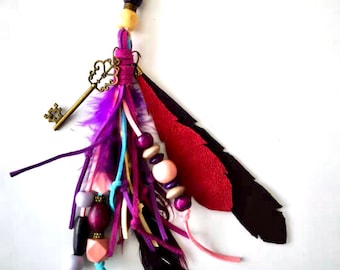 purple tassel with feathers and charms, colorful tassel, purse tassel, backpack tassel, bohemian accessories, boho hippie tassel