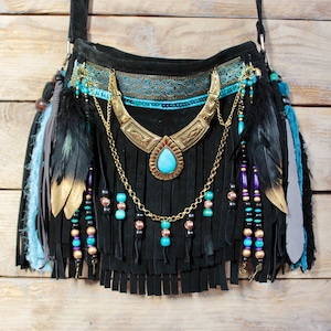 Black leather boho fringe bag, green embellished leather purse with fringes