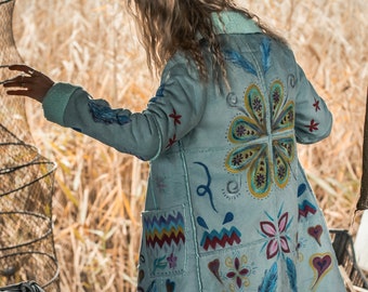 Hand Painted Turquoise Boho Coat, Handmade Tribal Jacket