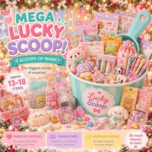 Mega Kawaii Lucky Scoop, 13-18 Japanese Finds, Plushies, Stationery, Accessories (3 Scoops)