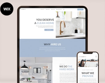 Op de afbeelding: Een website voor een schoonmaakservice genaamd The Clean Co. De website heeft een modern ontwerp met afbeeldingen van schone keukens en een slogan die luidt "Je verdient een schoon huis".
