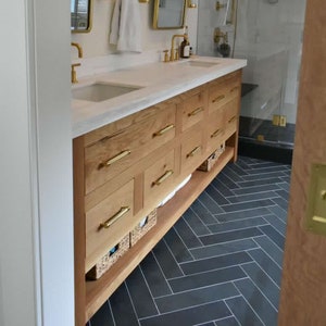Adding Chevron Shelf Liner to Master Bathroom Vanity