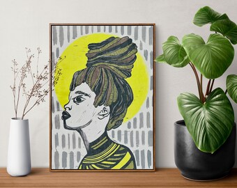 Arte de pared de mujer negra / Impresión de arte de pared Linograbado / Impresión de arte en papel hecho a mano / Impresión original de Gouache y Lino