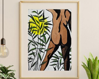 Linocut Print: Afrocentric Woman, Botanical Wall Art