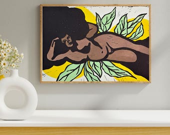 Handmade Linocut Print: Afrocentric Woman, Boho Home Decor