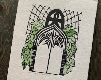 Ornate Doorway Block Print | Lush Leaves, Life Renewal Art (11" x 14")