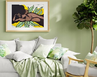 Lounging Goddess Afro Art Print: Boho Body Positive Decor