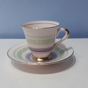 Plant tuscan art deco mint Green and purple teacup and saucer,  Made in England 1936-1947