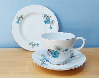 Könnte beinhalten: Ein weißes Tee-Set mit Untertasse mit einem blauen und weißen Blumenmuster. Die Untertasse hat einen goldenen Rand.