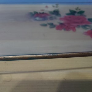 Pode incluir: Um prato de vidro para assar com um design floral com rosas cor-de-rosa e folhas verdes. O prato tem uma borda castanha.