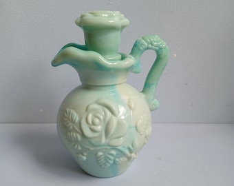 Vintage Avon skin so soft oil decanter vase, turquoise milk glass made in England 1970s