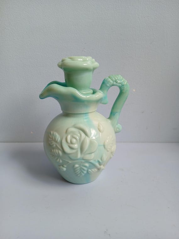 Vintage Avon skin so soft oil decanter vase, turquoise milk glass made in England 1970s