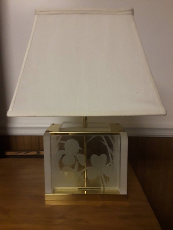 Vintage Frederick Ramond Lucite Frosted Etched Flowers Brass Table Lamp 1987