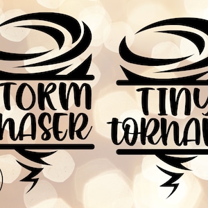 May include: Black graphic design featuring a stylized tornado and the words "STORM CHASER" and "TINY tornado". A lightning bolt graphic is below the text. The Red Fox Designs US logo is in the lower left corner.