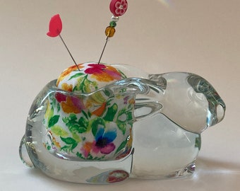 Glass bunny, rabbit pin cushion with custom beaded pins