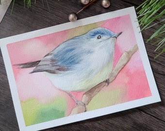Blue-gray Gnatcatcher Original Watercolor Painting - Blue Bird Painting Handmade