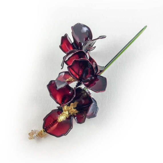 Purple Rose and Red Iris Brooch