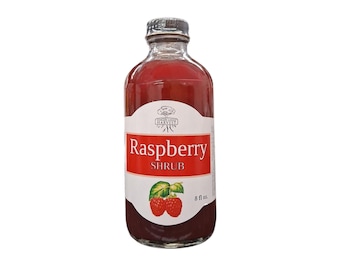 May include: A clear glass bottle filled with a deep red raspberry shrub liquid. The white label features the text Finger Lakes Harvest, Raspberry Shrub, and 8 fl oz. An illustration of two red raspberries with green leaves is centered.