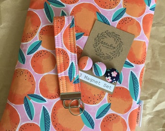 Bright Oranges Citrus Book Sleeve Set Keyfob Magnets  · Fabric Padded Book Protector · iPad Reader Pocket · Bag Purse Organizer