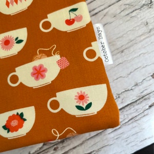 Butterscotch Teacups Book Sleeve Fabric Padded Book Protector Book Cozy Book Sleeve Snap iPad Reader Pocket Bag Purse Organizer image 4