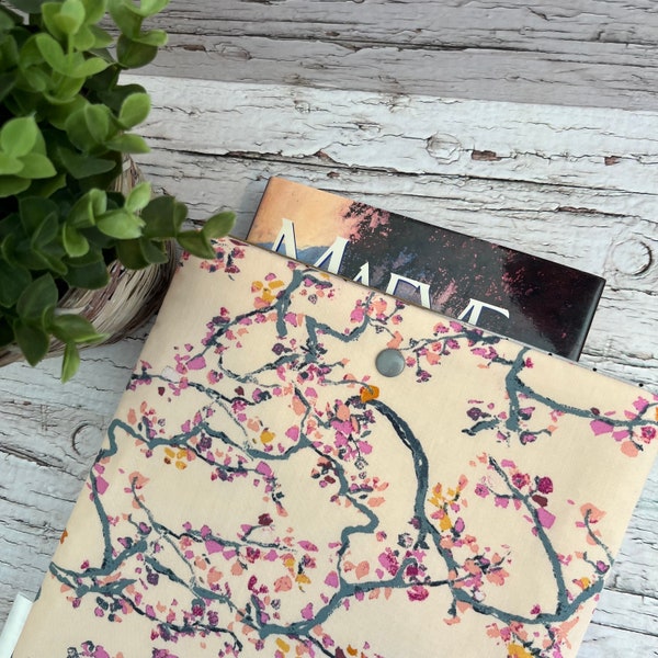 Pochette pour livre à fleurs rose oriental · Protège-livre rembourré en tissu · Livre confortable · Pochette à bouton-pression pour la pochette de livre · Pochette de lecture pour iPad · Sac de rangement pour sac à main