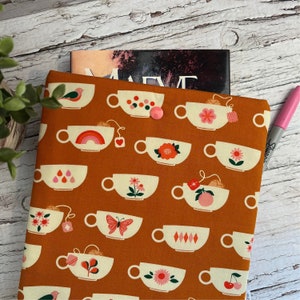 Butterscotch Teacups Book Sleeve Fabric Padded Book Protector Book Cozy Book Sleeve Snap iPad Reader Pocket Bag Purse Organizer image 1