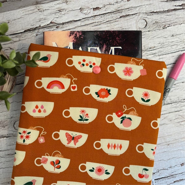 Butterscotch Teacups Book Sleeve · Fabric Padded Book Protector · Book Cozy · Book Sleeve Snap · iPad Reader Pocket · Bag Purse Organizer