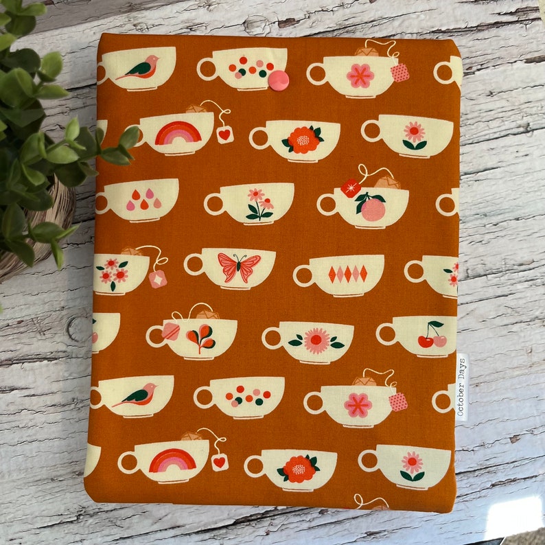 Butterscotch Teacups Book Sleeve Fabric Padded Book Protector Book Cozy Book Sleeve Snap iPad Reader Pocket Bag Purse Organizer image 3