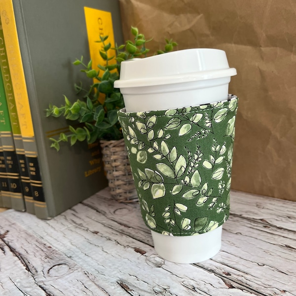 Green plants plant-lover Coffee sleeve cozy cuff · coffee cozy · coffee band · eco-friendly coffee cuff · Coffee sleeve