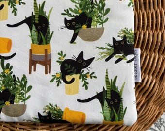 Black Cat Kitten and Plants Book Sleeve • Padded Fabric Book Protector