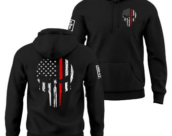 Thin Red Line Firefighter Hoodie Red Line of Courage Skull USA Flag Men's Hoodie