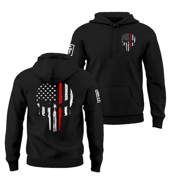 Thin Red Line Firefighter Hoodie Red Line of Courage Skull USA Flag Men's Hoodie