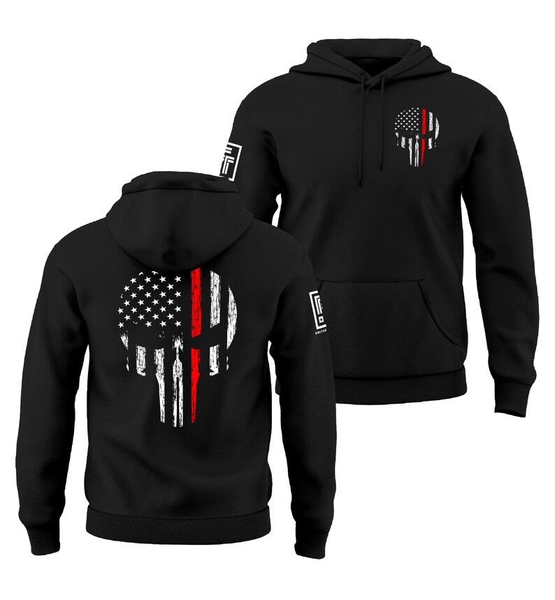 Thin Red Line Firefighter Hoodie Red Line of Courage Skull USA Flag Men's Hoodie afbeelding 1