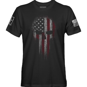 May include: Black t-shirt with a distressed American flag skull graphic. The text "Fantastic" is printed on the shirt.