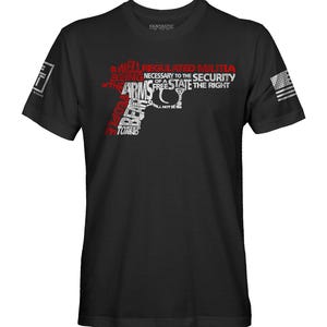 May include: Black t-shirt with a red and white graphic of a handgun made up of the words "A well regulated militia, being necessary to the security of a free state, the right of the people to keep and bear arms, shall not be infringed."