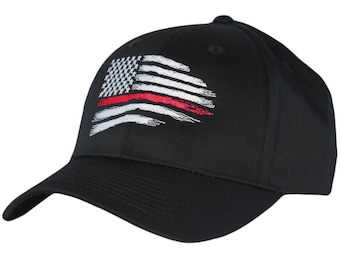 May include: Black baseball cap with a white and red embroidered American flag with a thin red line across the middle.