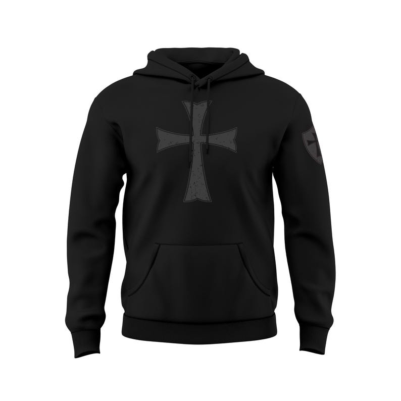 May include: Black hooded sweatshirt with a large gray cross on the front and a smaller gray cross on the left sleeve.