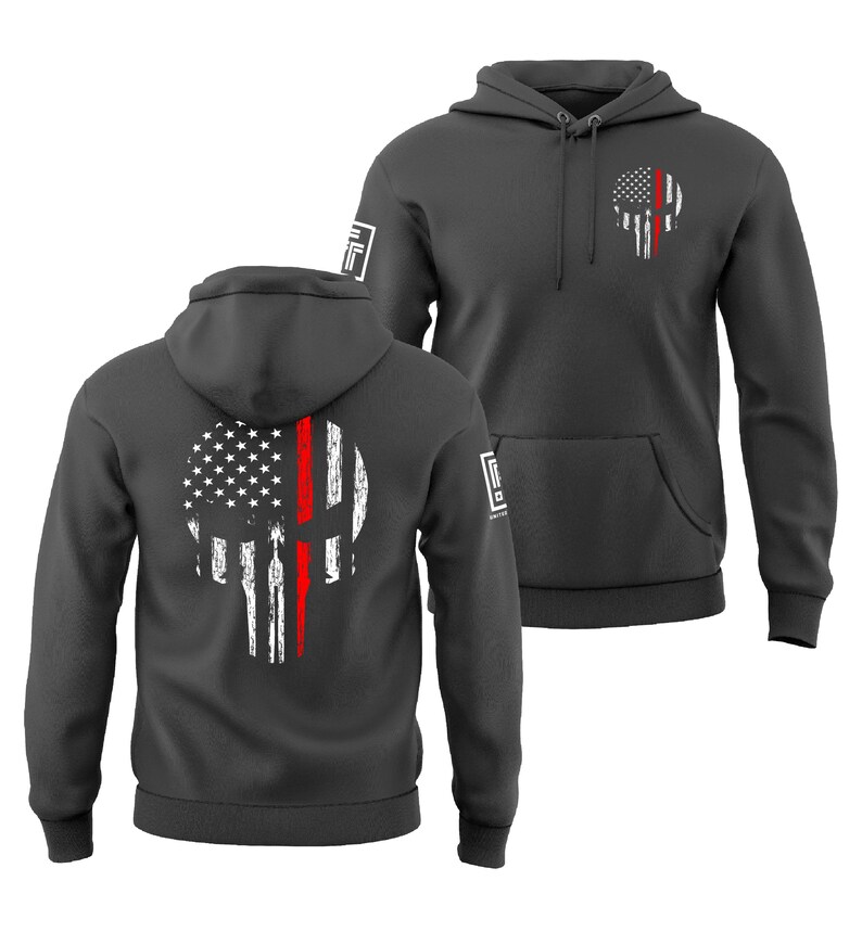 Thin Red Line Firefighter Hoodie Red Line of Courage Skull USA Flag Men's Hoodie afbeelding 2