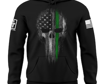 Thin Green Line Skull USA Skull Hoodie American Skull Military Support Flag Men's Hoodie Sweatshirt