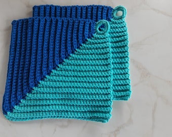 Two-tone pot holders made of 100% cotton - blue with light turquoise - 2 pieces - with hanger - available for quick delivery