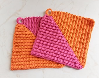 Two-tone potholders made of 100% cotton - pink and orange - 2 pieces - with hanging loop