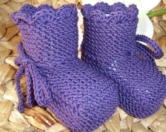 Booties -Baby shoes - purple - pure wool - handknit - made to order