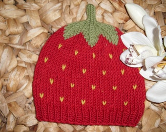 Babymütze Kindermütze Erdbeere - 100% Wolle (Merino) - handgestrickt - in Wunschgröße - Erdbeermütze