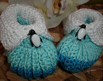 Baby shoes "Penguin on the ice floe" - 100% cotton - handknitted - ready to ship