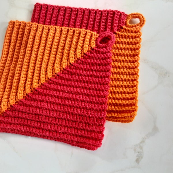 Zweifarbige Topflappen aus 100% Baumwolle - rot und orange - 2 Stück - mit Aufhänger - schnell lieferbar