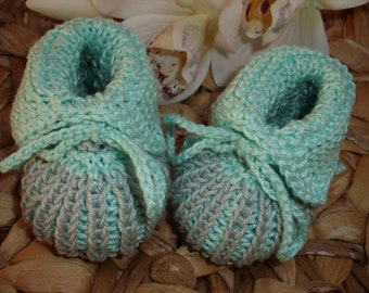 Baby shoes in light gray and mint - 100% cotton - handknitted - ready to ship