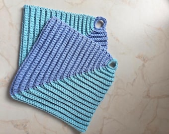 Two-tone potholders made of 100% cotton - light blue and turquoise - 2 pieces - with hanger - available immediately