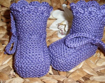 Baby shoes in purple - 100% cotton - hand-knitted - up to approx. 7 months