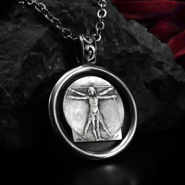 Vitruvian Man Necklace Gift For Him, Vitruvian Man Medallion, Da Vinci Necklace Silver, Leonard Da Vinci Necklace, Vitruvius Roman Pendant