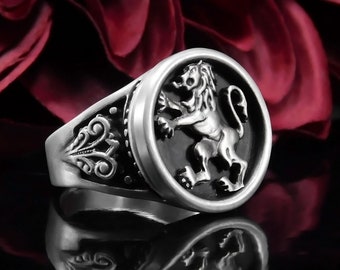 Sterling Silver Lion Ring Men Gift, Scotish Lion Ring Silver, Mens Gift Silver Ring, Chevalier Ring Men, Prancing Lion Ring, Scottish Ring